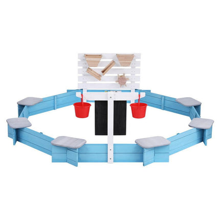 Keezi Kids Sandpit Wooden Round Sand Pit Funnel Bench Seat Beach Toys 215cm.
