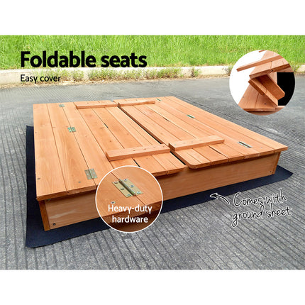 Keezi Kids Sandpit Wooden Sandbox Sand Pit Foldable Seat Outdoor Beach Toys 90cm.