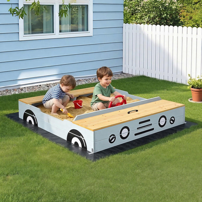 Keezi Wooden Car Sandpit Kids Sandbox Outdoor Play Toy w/ Storage Ground Sheet 120cm.