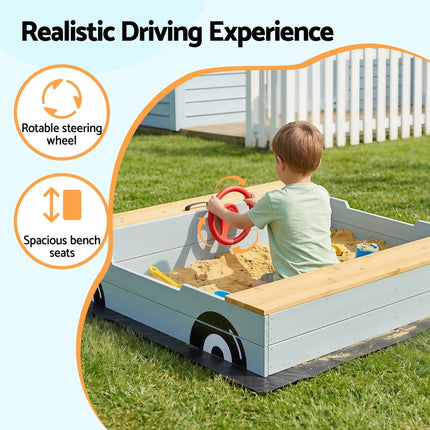 Keezi Wooden Car Sandpit Kids Sandbox Outdoor Play Toy w/ Storage Ground Sheet 120cm.