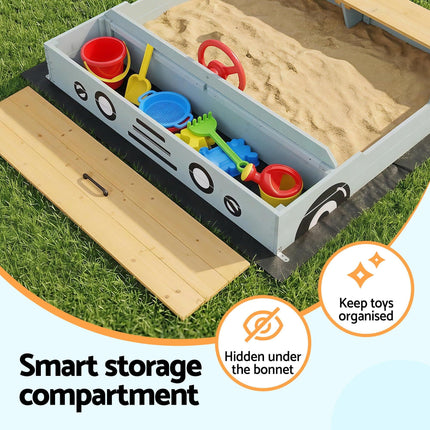 Keezi Wooden Car Sandpit Kids Sandbox Outdoor Play Toy w/ Storage Ground Sheet 120cm.