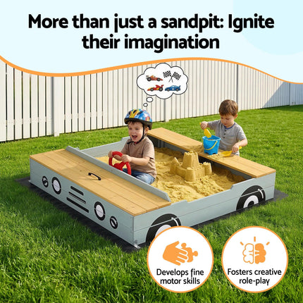 Keezi Wooden Car Sandpit Kids Sandbox Outdoor Play Toy w/ Storage Ground Sheet 120cm.