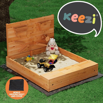 Keezi Kids Sandpit Wooden Sandbox Sand Pit with Cover Funnel Outdoor Toys 120cm.