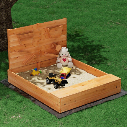 Keezi Kids Sandpit Wooden Sandbox Sand Pit with Cover Funnel Outdoor Toys 120cm.