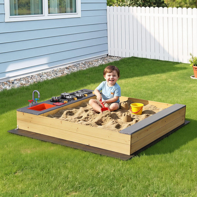 Keezi Wooden Sandpit Sand Pit Outdoor Kids Toy Box Mud Kitchen Sink Storage Bench.