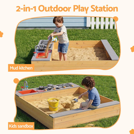 Keezi Wooden Sandpit Sand Pit Outdoor Kids Toy Box Mud Kitchen Sink Storage Bench.