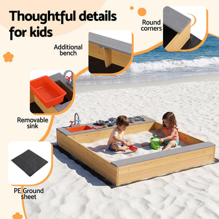 Keezi Wooden Sandpit Sand Pit Outdoor Kids Toy Box Mud Kitchen Sink Storage Bench.