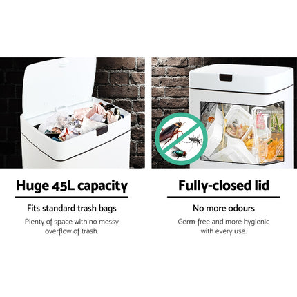 Devanti 45L Motion Sensor Bin Rubbish Automatic White.
