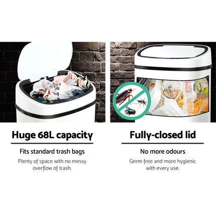 Devanti 68L Motion Sensor Bin Rubbish Automatic White.