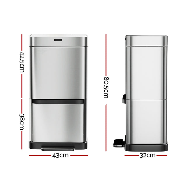 Devanti 70L Motion Sensor Bin Pedal Bins Automatic Siver.