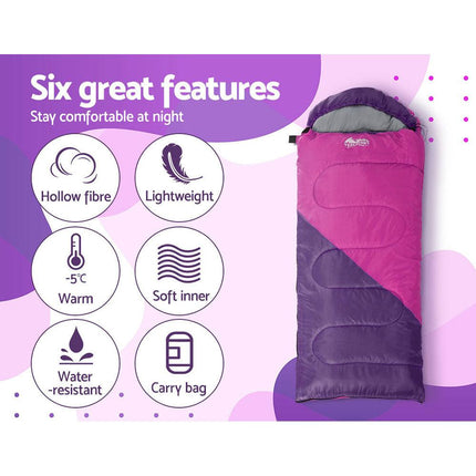 Weisshorn Sleeping Bag Kids Single 172cm Thermal Camping Hiking Pink.