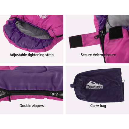 Weisshorn Sleeping Bag Kids Single 172cm Thermal Camping Hiking Pink.