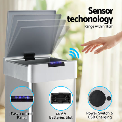 Devanti 50L Motion Sensor Bin Rubbish Bins Kitchen Automatic Trash Can Silver.