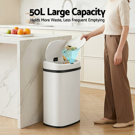 Devanti 50L Sensor Bin Motion Rubbish Automatic White.