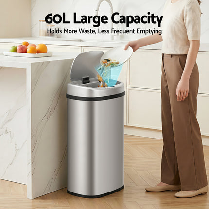 Devanti 60L Sensor Bin Motion Rubbish Automatic Silver.