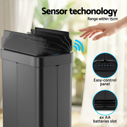 Devanti Rubbish Bin 70L Automatic Sensor Kitchen Bin, Slim Smart Garbage Can Touchless Rectangular with Liner Holder, Fully Closed Lid for Bedroom, Bathroom, Living Room, Black.