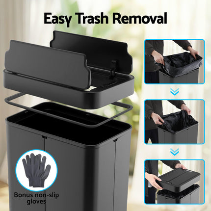 Devanti Rubbish Bin 70L Automatic Sensor Kitchen Bin, Slim Smart Garbage Can Touchless Rectangular with Liner Holder, Fully Closed Lid for Bedroom, Bathroom, Living Room, Black.