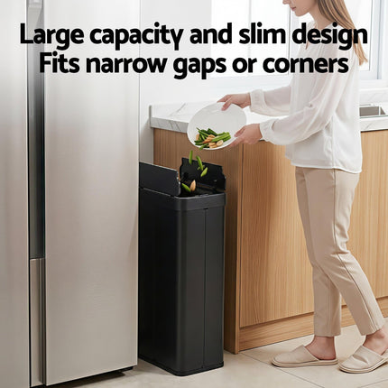 Devanti Rubbish Bin 70L Automatic Sensor Kitchen Bin, Slim Smart Garbage Can Touchless Rectangular with Liner Holder, Fully Closed Lid for Bedroom, Bathroom, Living Room, Black.