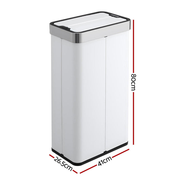 Devanti Rubbish Bin 70L Automatic Sensor Kitchen Bin, Slim Smart Garbage Can Touchless Rectangular with Liner Holder, Fully Closed Lid for Bedroom, Bathroom, Living Room, White.