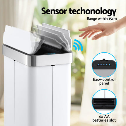 Devanti Rubbish Bin 70L Automatic Sensor Kitchen Bin, Slim Smart Garbage Can Touchless Rectangular with Liner Holder, Fully Closed Lid for Bedroom, Bathroom, Living Room, White.