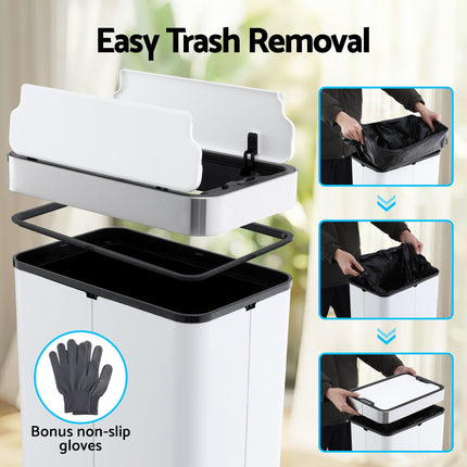 Devanti Rubbish Bin 70L Automatic Sensor Kitchen Bin, Slim Smart Garbage Can Touchless Rectangular with Liner Holder, Fully Closed Lid for Bedroom, Bathroom, Living Room, White.