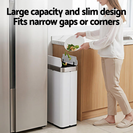 Devanti Rubbish Bin 70L Automatic Sensor Kitchen Bin, Slim Smart Garbage Can Touchless Rectangular with Liner Holder, Fully Closed Lid for Bedroom, Bathroom, Living Room, White.