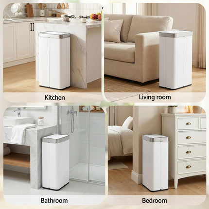 Devanti Rubbish Bin 70L Automatic Sensor Kitchen Bin, Slim Smart Garbage Can Touchless Rectangular with Liner Holder, Fully Closed Lid for Bedroom, Bathroom, Living Room, White.