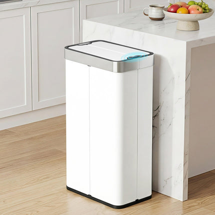 Devanti Rubbish Bin 70L Automatic Sensor Kitchen Bin, Slim Smart Garbage Can Touchless Rectangular with Liner Holder, Fully Closed Lid for Bedroom, Bathroom, Living Room, White.