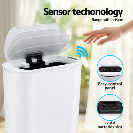 Devanti Automatic Trash Bin with Lid 25L Motion Sensor Kitchen Bin Touchless Garbage Can Plastic Slim Rubbish Bin with Liner Holder for Kitchen, Home, Office, White.