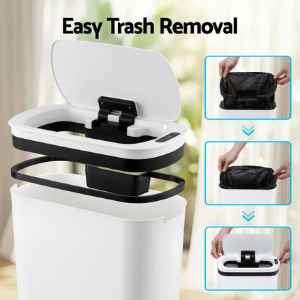 Devanti Automatic Trash Bin with Lid 25L Motion Sensor Kitchen Bin Touchless Garbage Can Plastic Slim Rubbish Bin with Liner Holder for Kitchen, Home, Office, White.