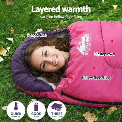 Weisshorn Sleeping Bag Single 213cm Thermal Camping Hiking Pink.