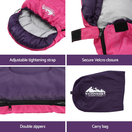 Weisshorn Sleeping Bag Single 213cm Thermal Camping Hiking Pink.