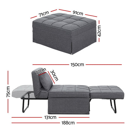 Artiss Sofa Bed Lounge Convertible Ottoman 1 Seater Couch Recliner Linen Grey.