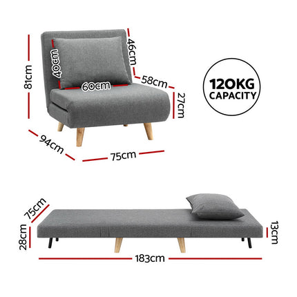 Artiss Sofa Bed Convertible Couch Recliner Lounge Chair Linen Grey.