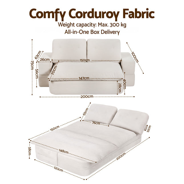 Artiss Convertible Folding Sofa Bed 30D High-Density Foam Boneless Couch with Corduroy Sleeper Couch Lounger for Living Room Beign.