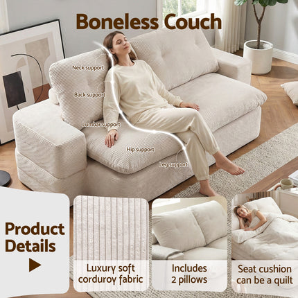 Artiss Convertible Folding Sofa Bed 30D High-Density Foam Boneless Couch with Corduroy Sleeper Couch Lounger for Living Room Beign.