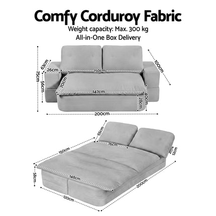 Artiss Convertible Folding Sofa Bed 30D High-Density Foam Boneless Couch with Corduroy Sleeper Couch Lounger for Living Room Grey.