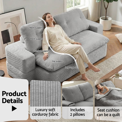 Artiss Convertible Folding Sofa Bed 30D High-Density Foam Boneless Couch with Corduroy Sleeper Couch Lounger for Living Room Grey.