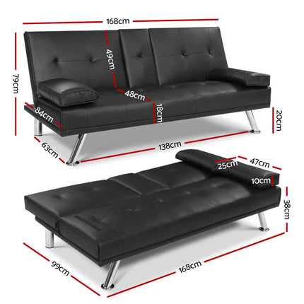 Artiss Sofa Bed 168CM Black PU Leather.