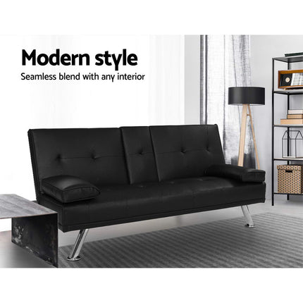 Artiss Sofa Bed 168CM Black PU Leather.