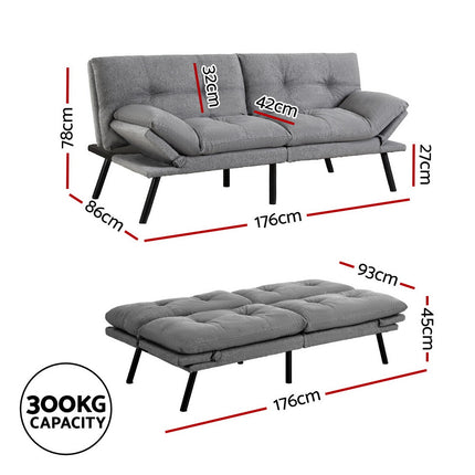 Artiss Sofa Bed Convertible 3 Seater Couch Recliner Lounge Chair Fabric Grey.