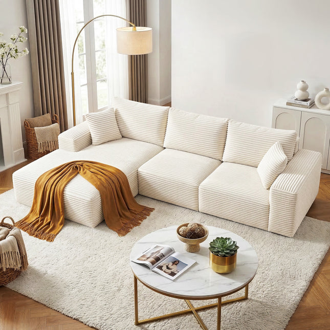 Artiss 3 Seater Modular Sofa Bed Sectional Boneless Couches for Living Room Corduroy Compressed Sofa White.
