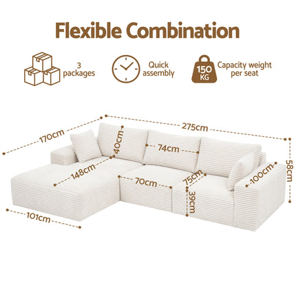 Artiss 3 Seater Modular Sofa Bed Sectional Boneless Couches for Living Room Corduroy Compressed Sofa White.