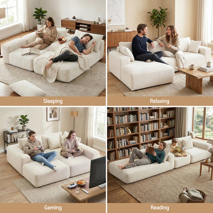 Artiss 3 Seater Modular Sofa Bed Sectional Boneless Couches for Living Room Corduroy Compressed Sofa White.