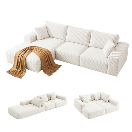 Artiss 3 Seater Modular Sofa Bed Sectional Boneless Couches for Living Room Corduroy Compressed Sofa White.