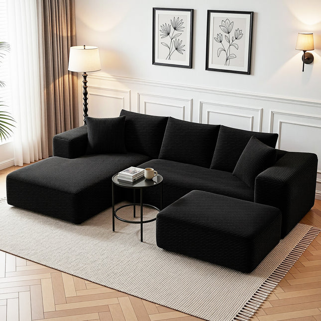 Artiss Modular Sofa Bed with Ottoman Sectional Boneless Couches for Living Room Corduroy Compressed Sofa Black.
