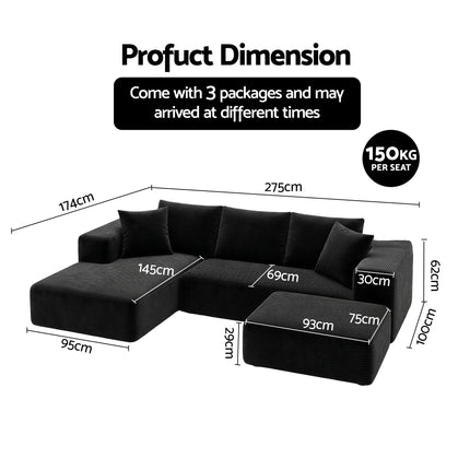 Artiss Modular Sofa Bed with Ottoman Sectional Boneless Couches for Living Room Corduroy Compressed Sofa Black.