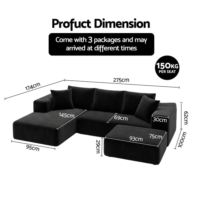 Artiss Modular Sofa Bed with Ottoman Sectional Boneless Couches for Living Room Corduroy Compressed Sofa Black.