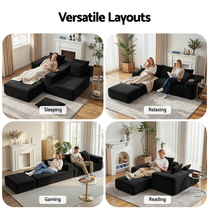 Artiss Modular Sofa Bed with Ottoman Sectional Boneless Couches for Living Room Corduroy Compressed Sofa Black.