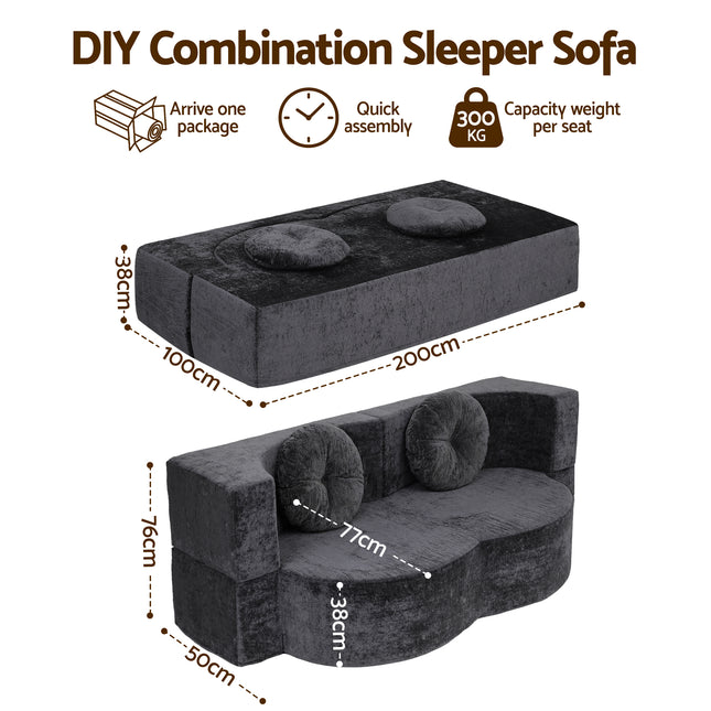 Artiss 2 in 1 Convertible Compressed Sofa Bed, Folding Boneless Sofabed for Living Room ,Comfort Curved Sleeper Couch with High Density Sponge, Apartment Essentials, No Assembly, 2 Pillows, Grey.